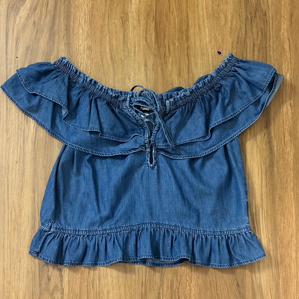 Express Blue Off-Shoulder Ruffle Blouse - Picture 6 of 6